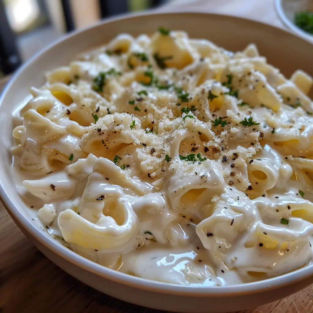 Primer plano de Salsa Alfredo Casera con trozos de ajo visibles.