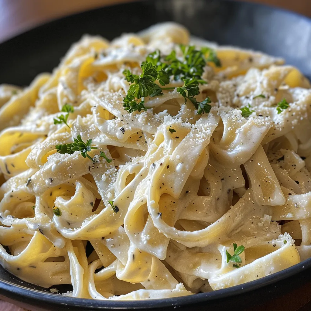 Primer plano de salsa Alfredo ligera en un plato con pasta.