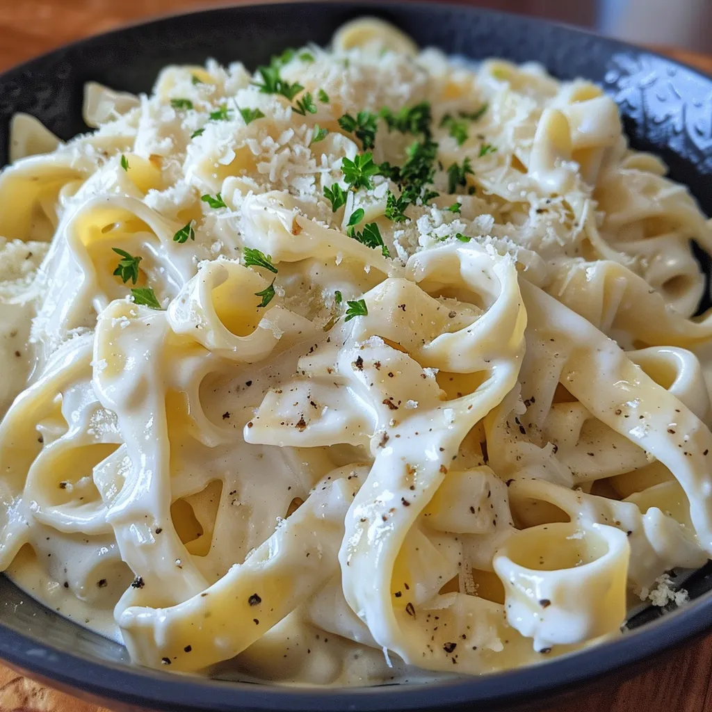 Vista lateral de pasta fettuccine cubierta con salsa Alfredo.