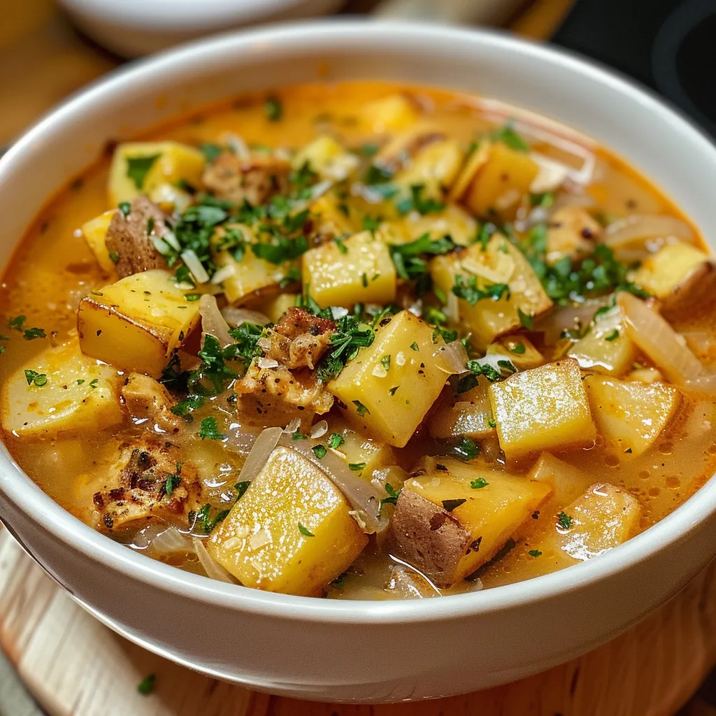 Tazón de sopa de papa cargada con ingredientes visibles.
