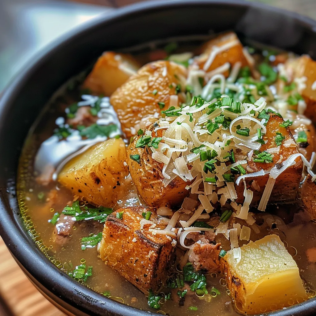 Primer plano de sopa de papa cremosa con queso y tocino.
