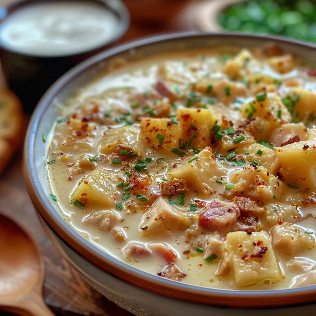 Sopa de papa cremosa en un tazón con bacon y queso.
