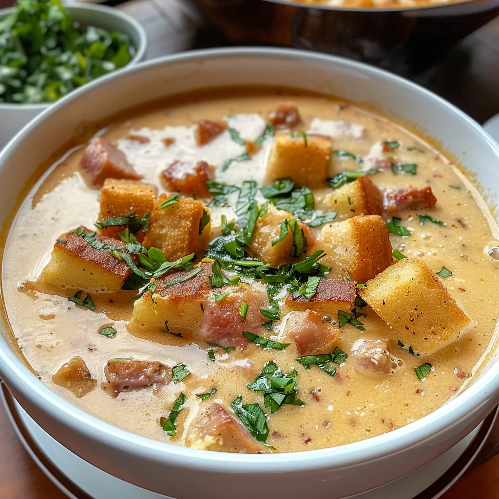 Tazón de sopa cremosa con trozos de papa y crema agria.