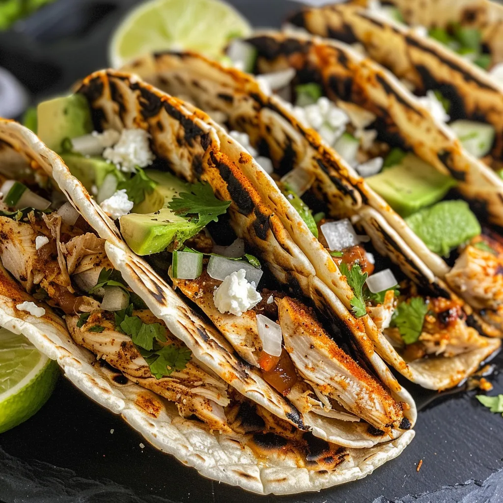 Tacos de pollo jugosos con aguacate y cebolla.