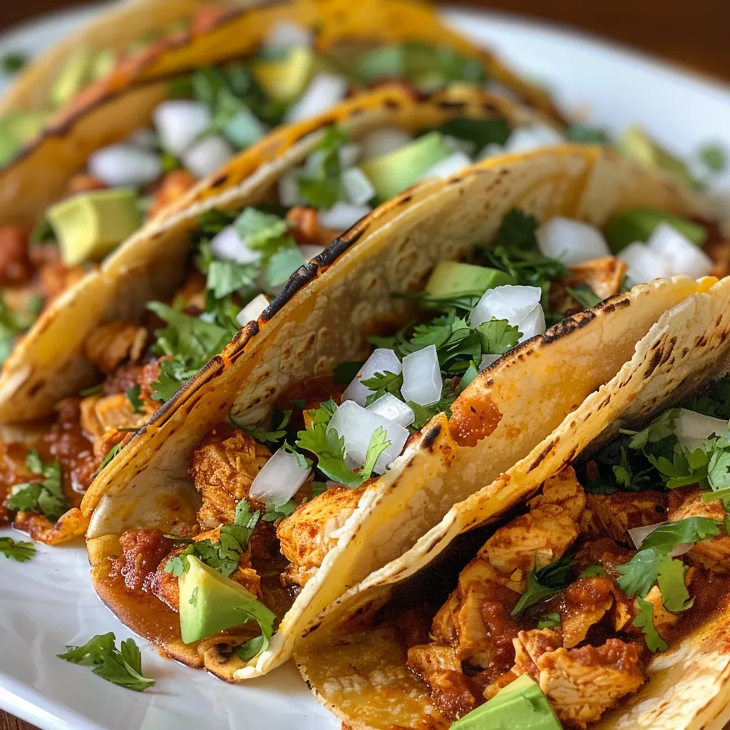 Tacos de pollo servidos en tortillas de maíz con queso fresco.