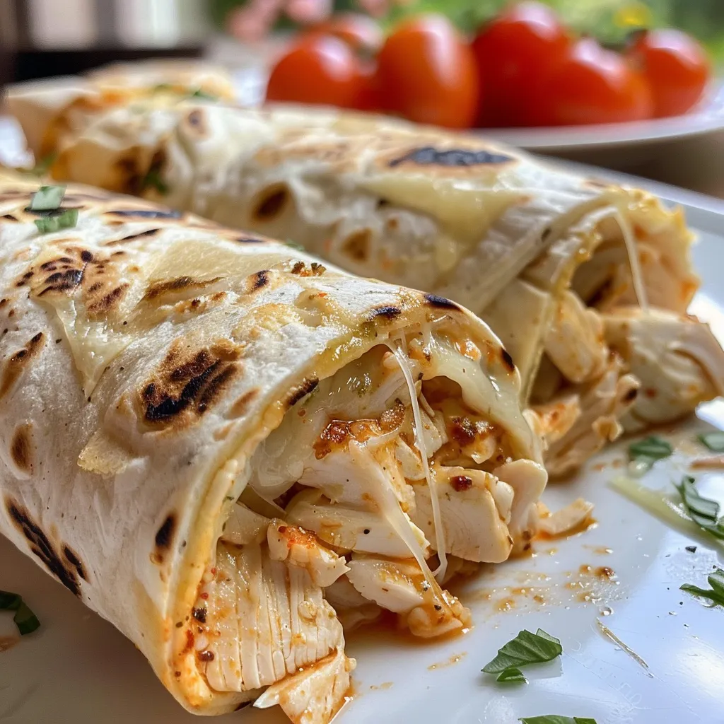 Un wrap de pollo con ajo y queso, con espinacas frescas y tomates.