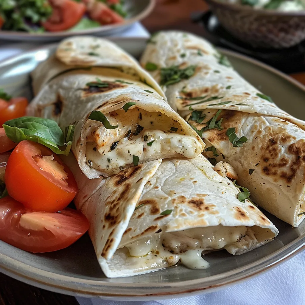 Vista lateral de un wrap de pollo, mostrando su relleno jugoso.