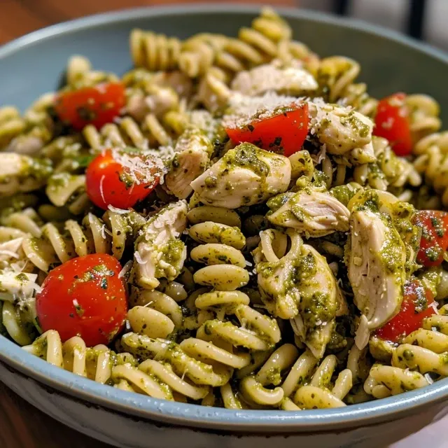 Platos de pasta con pollo, tomates cherry y albahaca en una mesa.