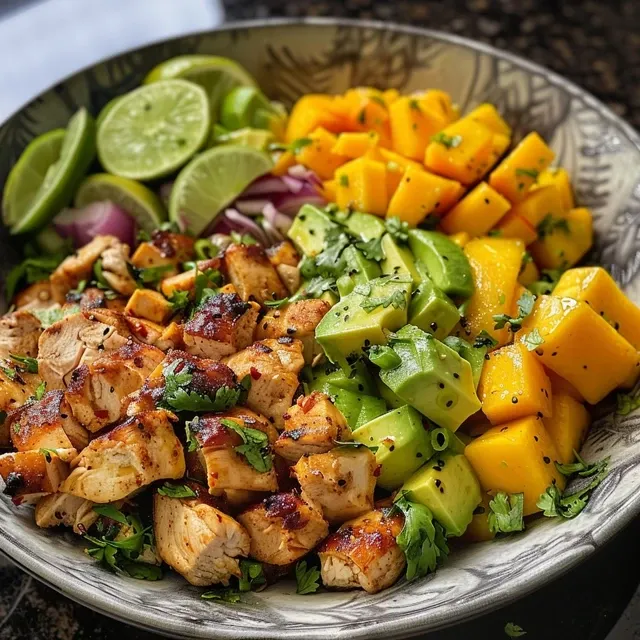 Ensalada de mango, aguacate y pollo con aderezo de mostaza y miel, vista lateral.