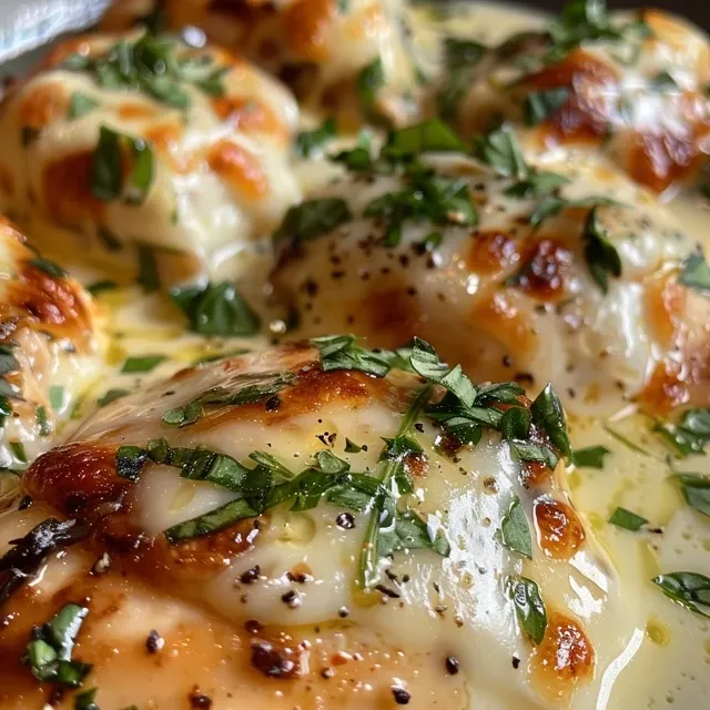 Pollo cremoso con espinacas y queso mozzarella en un plato con decoración culinaria.