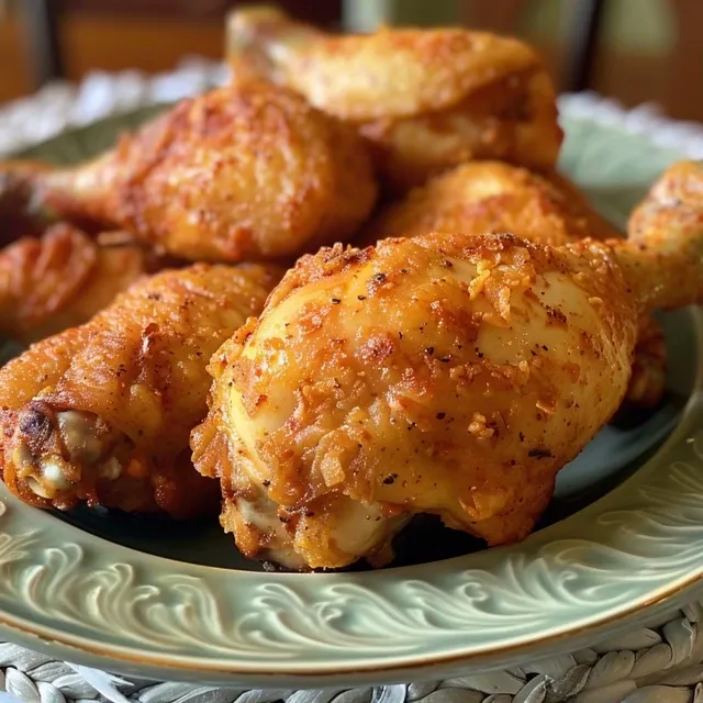 Pollo estilo KFC crujiente en freidora de aire, presentado en un plato.