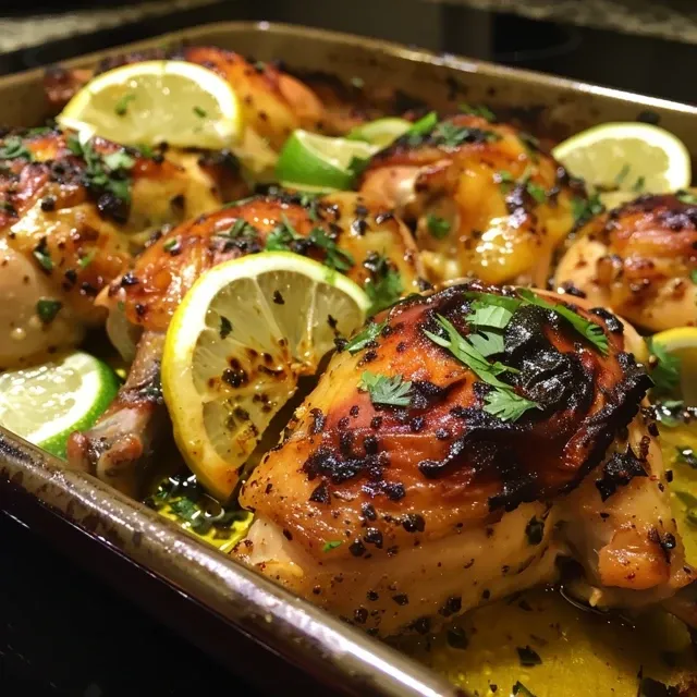 Muslos de pollo al horno dorados con rodajas de limón y romero fresco.