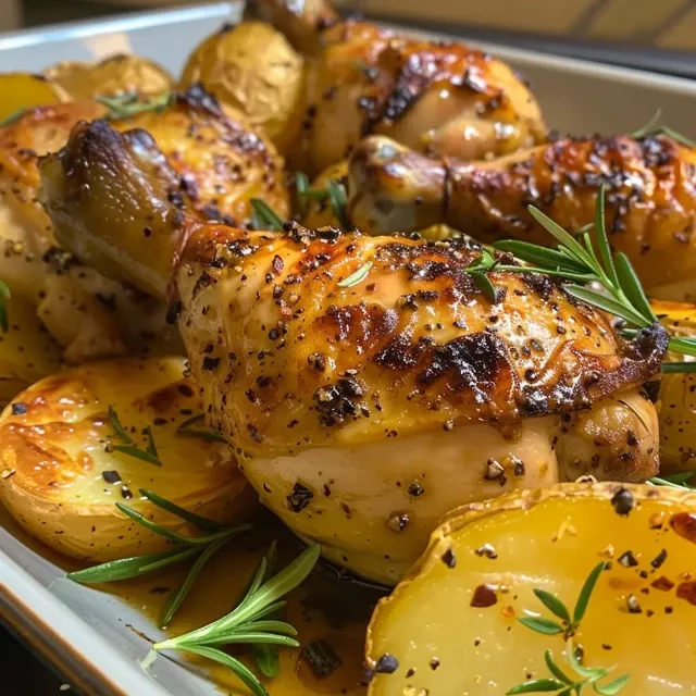 Pollo Asado al Horno jugoso con hierbas frescas y limón.