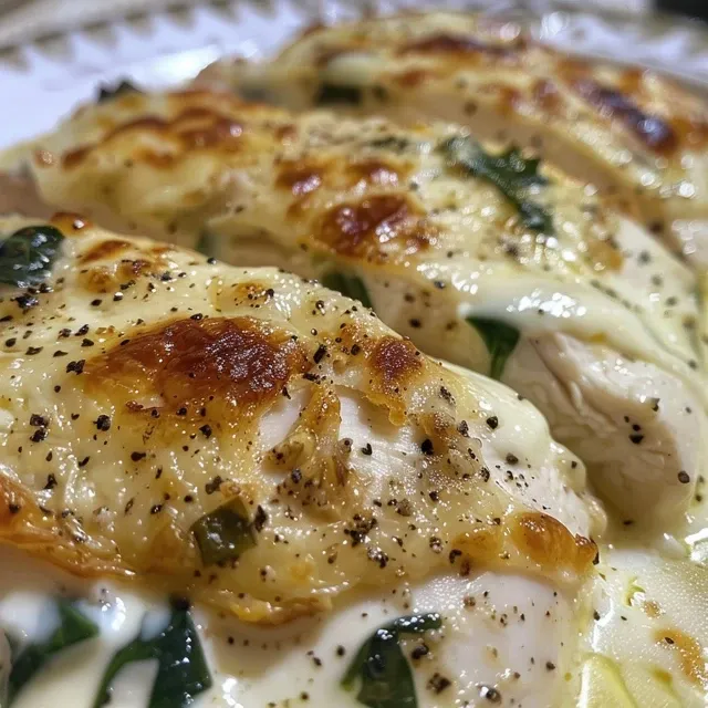 Primer plano de un plato de pollo cremoso con espinacas y queso mozzarella.