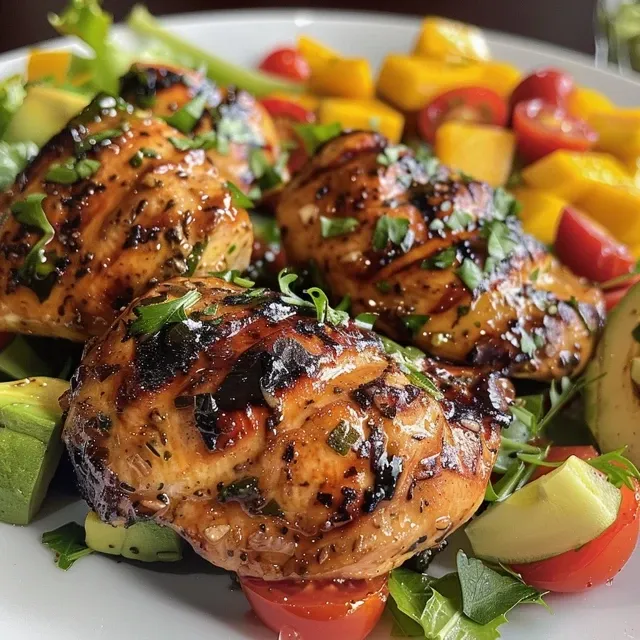 Ensalada de pollo a la parrilla con mango, aguacate y vegetales frescos en un plato.