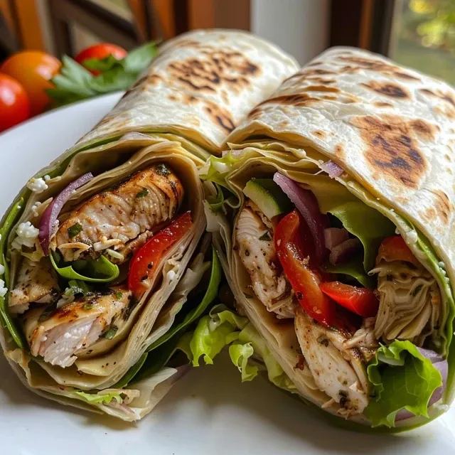 Un wrap de pollo mediterráneo, cortado mostrando los ingredientes frescos.