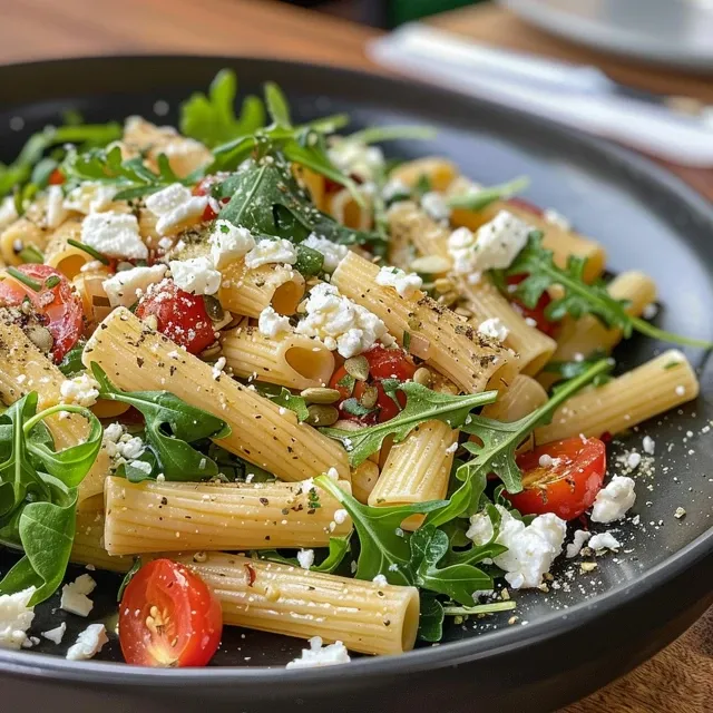 Close-up of a plate of Pasta Mediterránea with feta cheese, spinach, and cherry tomatoes.