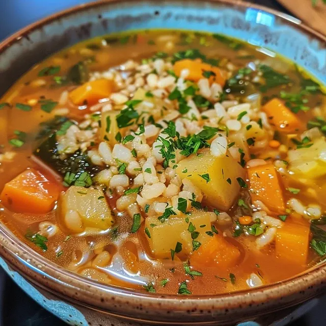 Primer plano de Sopa de arroz caliente en un bol de cerámica.