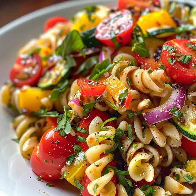 Ensalada de pasta con verduras a la parrilla, mostrando ingredientes frescos y coloridos.
