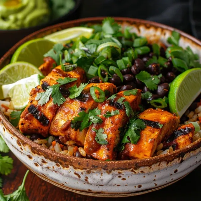 Tazón de pollo chipotle jugoso y colorido con ingredientes frescos.