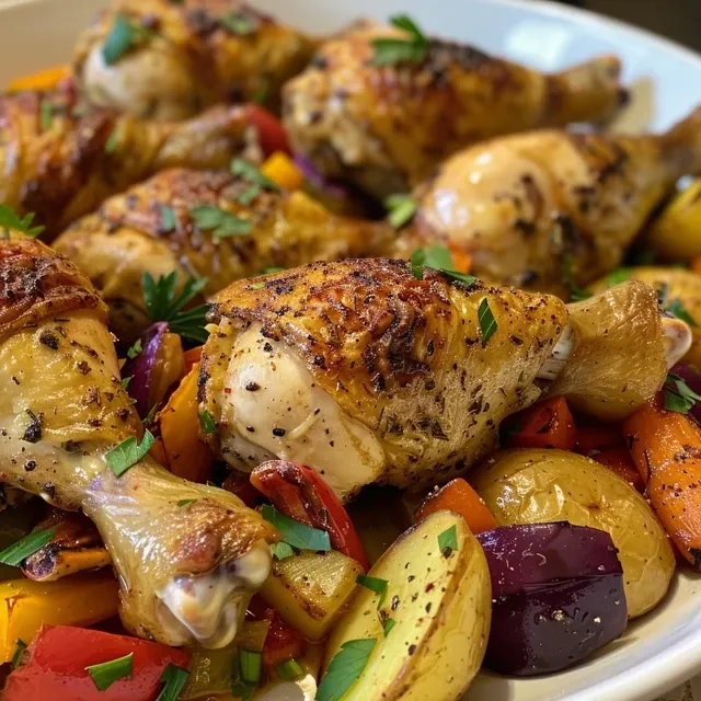 Muslos de pollo al horno con verduras, presentada en un plato blanco, con una textura jugosa.