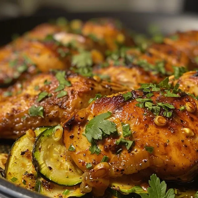 Pechuga de pollo a la barbacoa con rodajas de calabacín, presentada en un plato.