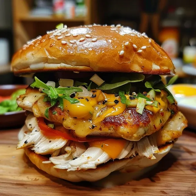 Hamburguesa de pollo casera jugosa con ingredientes frescos.
