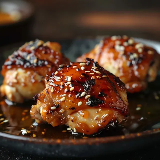 Vista lateral de Pollo con soja y miel sobre un fondo neutro.