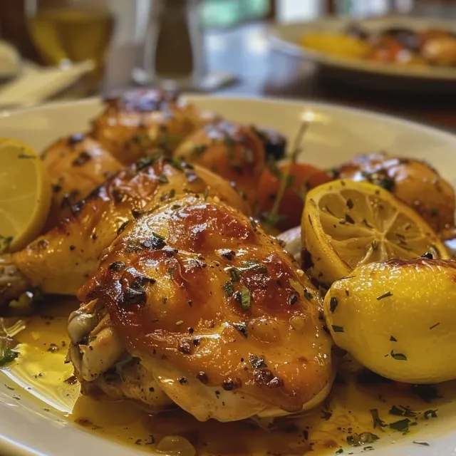 Close up de Pollo al Horno con Limón y Romero en una mesa.