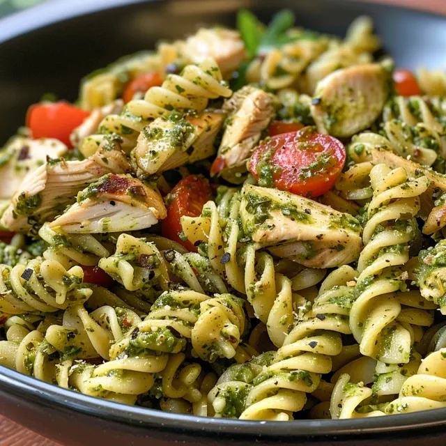 Primer plano de pasta con pollo, tomates cherry y albahaca en un plato blanco.