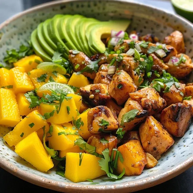 Primer plano de una ensalada colorida con pollo, mango y aguacate, mostrando los ingredientes frescos.