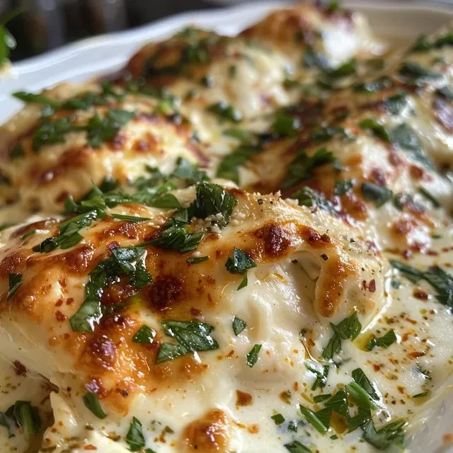 Primer plano de muslo de pollo cubierto de crema y espinacas, presentado artisticamente.