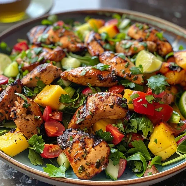 Primer plano de ensalada con pollo asado, rodajas de aguacate, mango y tomates cherry.