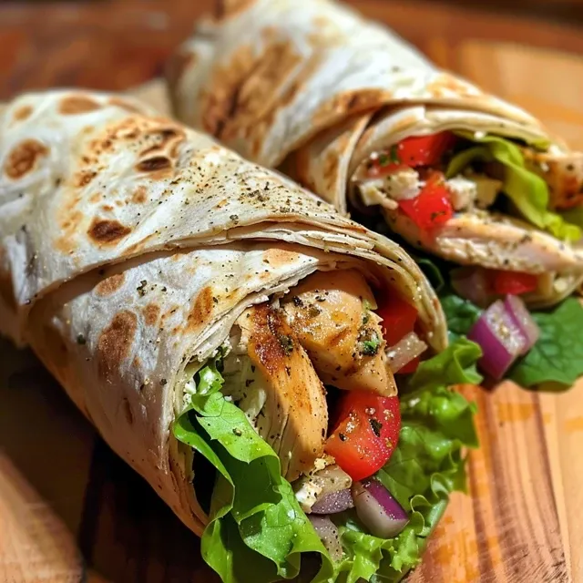 Vista lateral de un wrap lleno de pollo, lechuga y verduras coloridas.