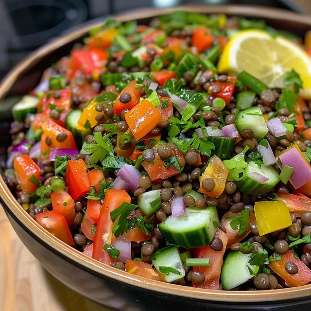 Primer plano de una colorida ensalada de lentejas con verduras.