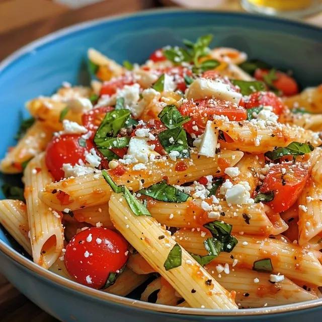 Juicy Pasta Mediterránea in a bowl, featuring bright cherry tomatoes and crumbled feta.