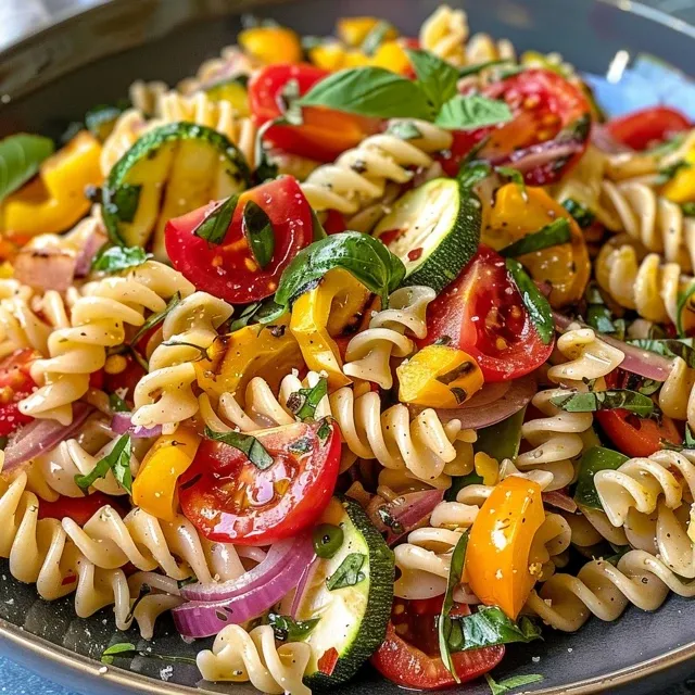 Primer plano de una ensalada de pasta con rodajas de verduras grilladas y tomates cherry.
