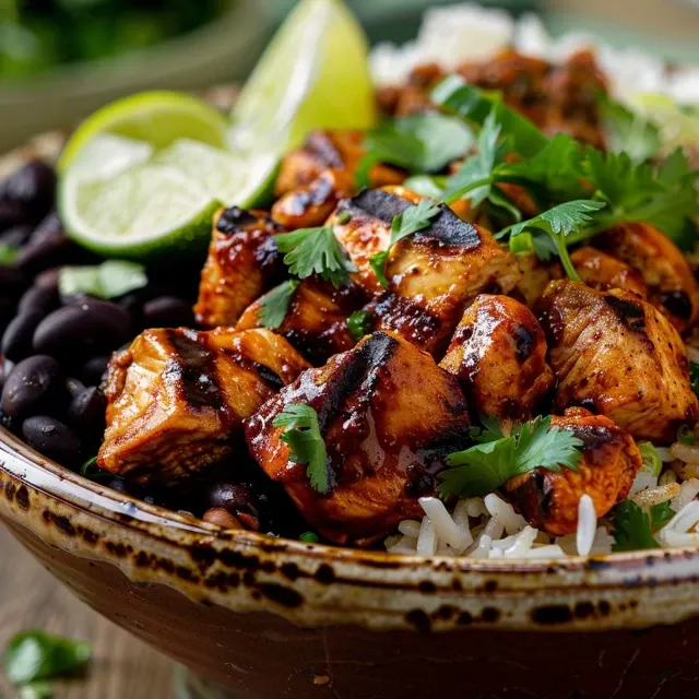 Primer plano de un tazón lleno de pollo marinado, frijoles negros y arroz.