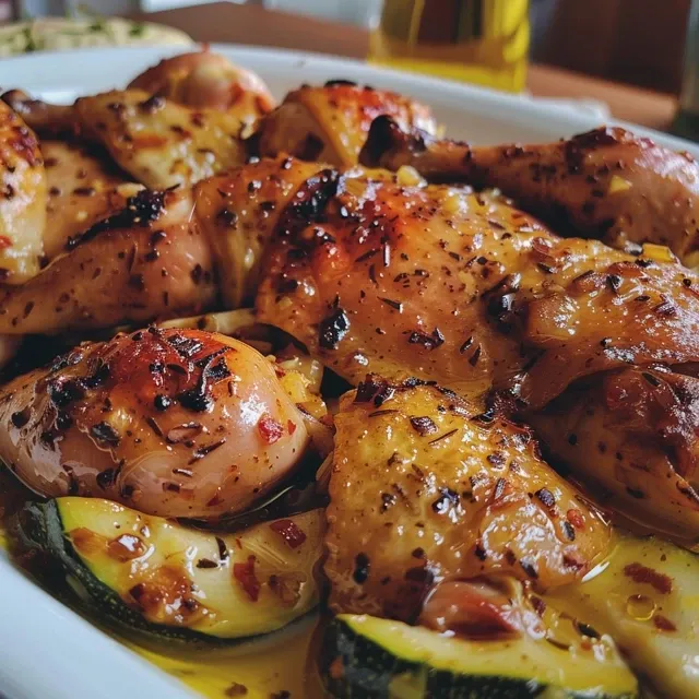 Primer plano de pollo a la barbacoa y calabacín en un estilo casero y apetitoso.