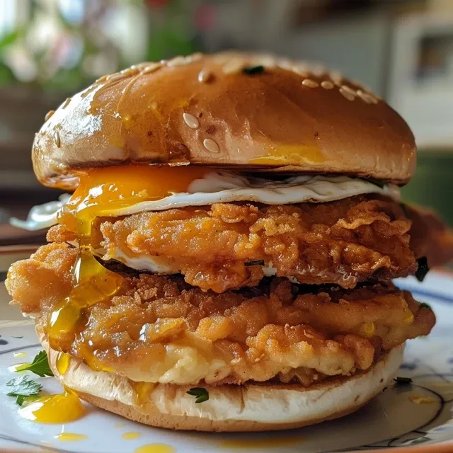 Close-up de una hamburguesa de pollo con guarniciones en un plato.