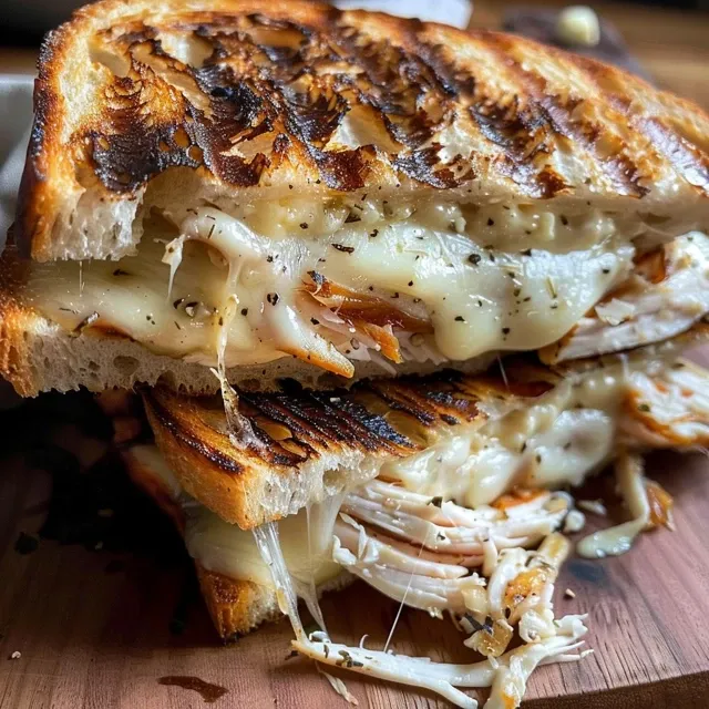 Close-up de un Panini relleno de pollo y tres quesos.