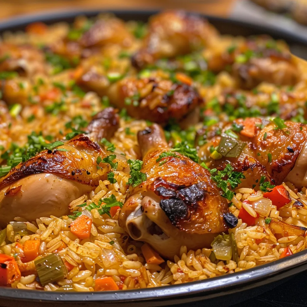 Vista lateral de arroz al horno con pollo, con un color dorado y jugoso.