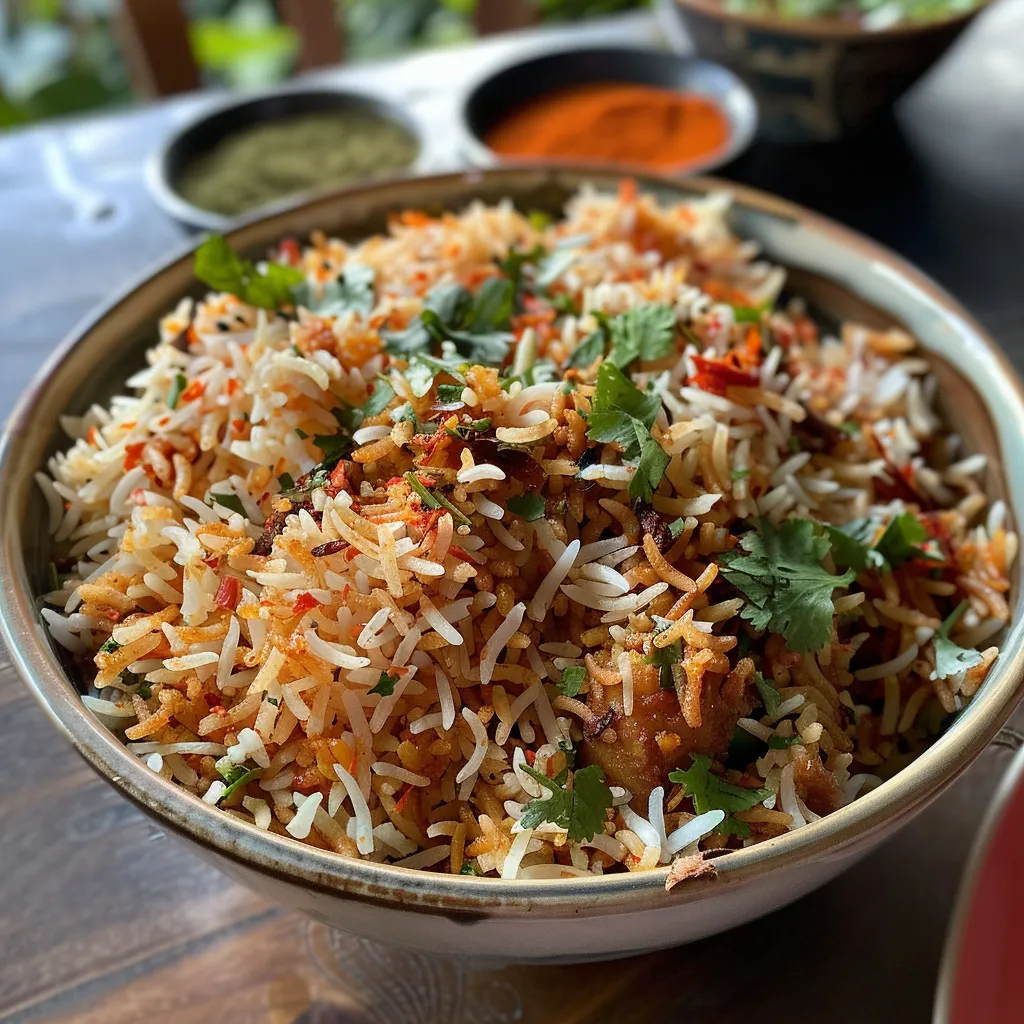 Plato de Arroz Biryani con ingredientes frescos al lado.