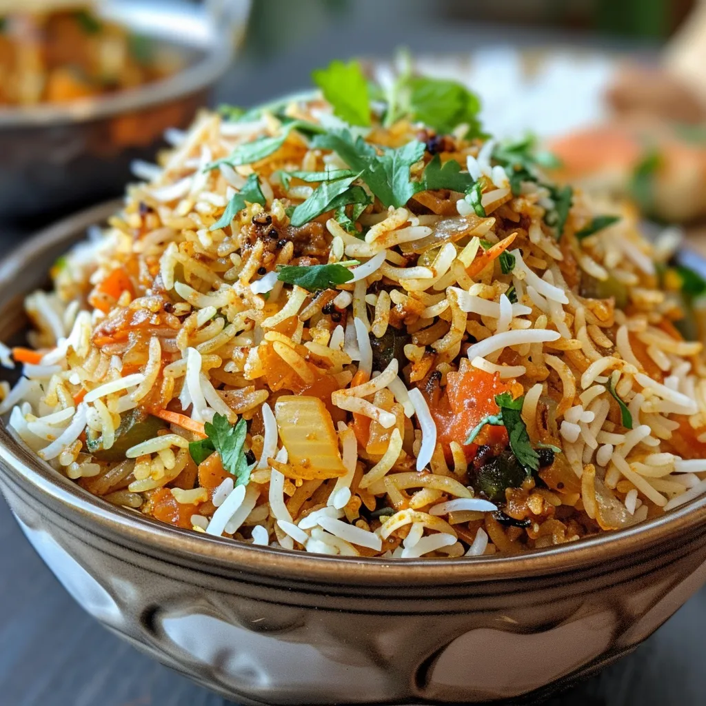 Close up de Arroz Biryani con especias y hierbas visibles.