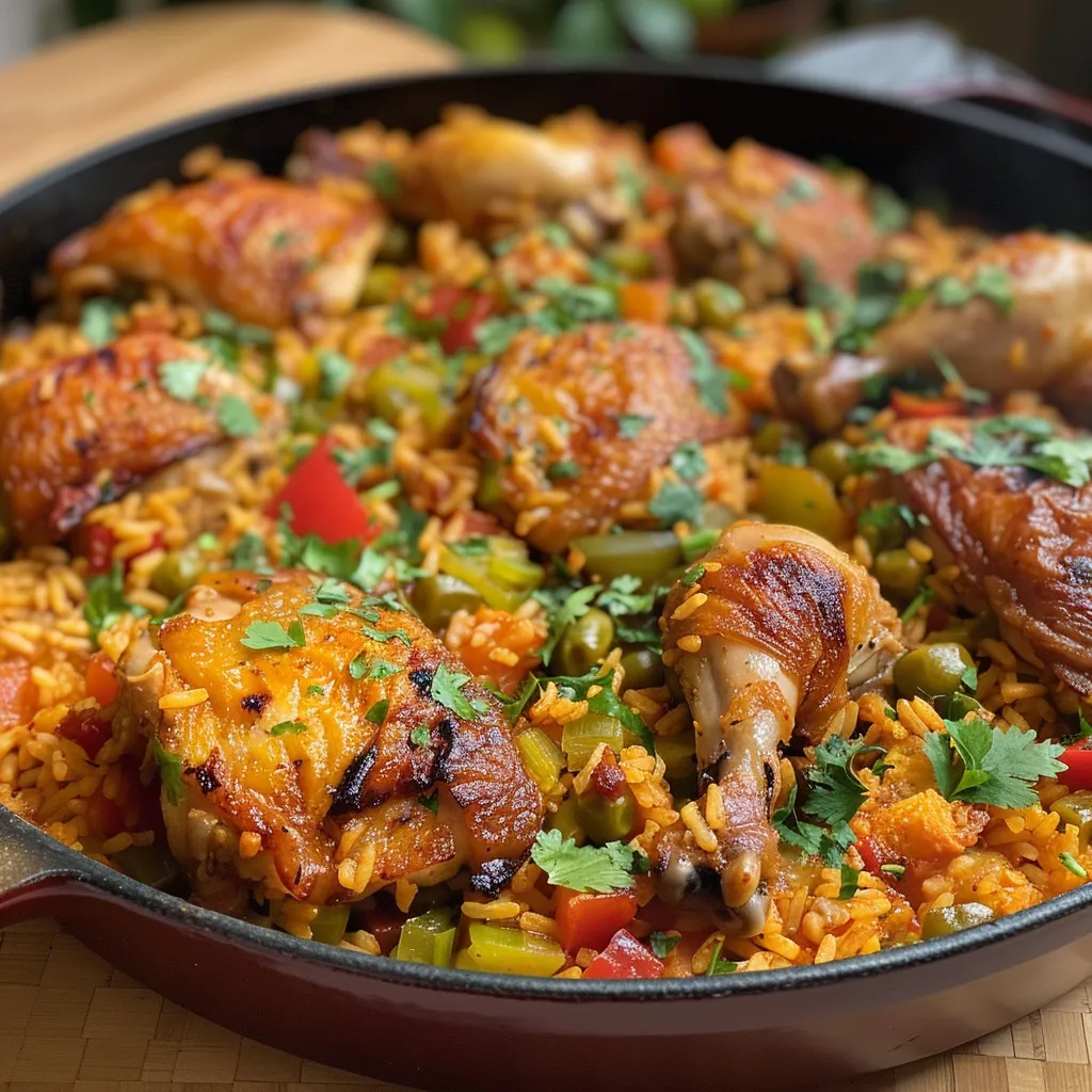 Arroz con pollo en una vista lateral, con verduras frescas y trozos de pollo.