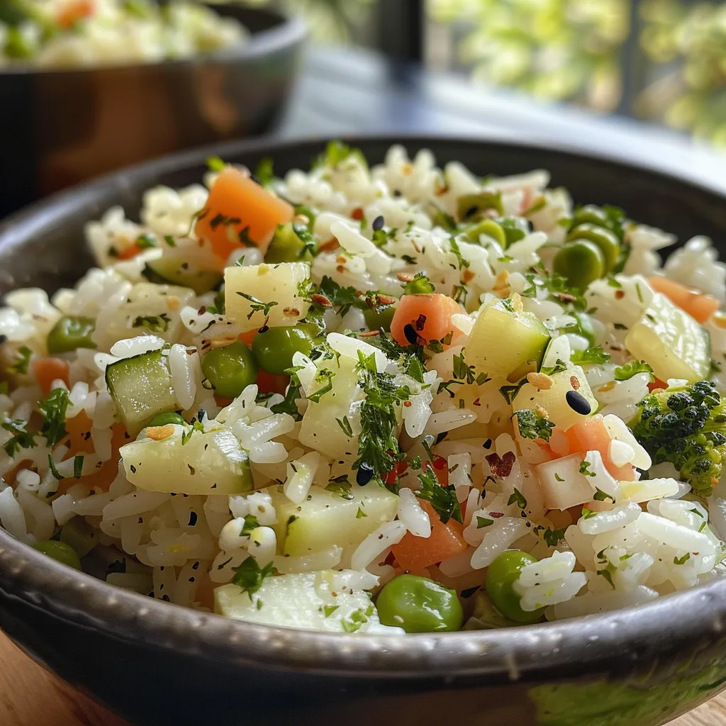 Vista lateral de un plato de arroz con vegetales, mostrando su textura jugosa.