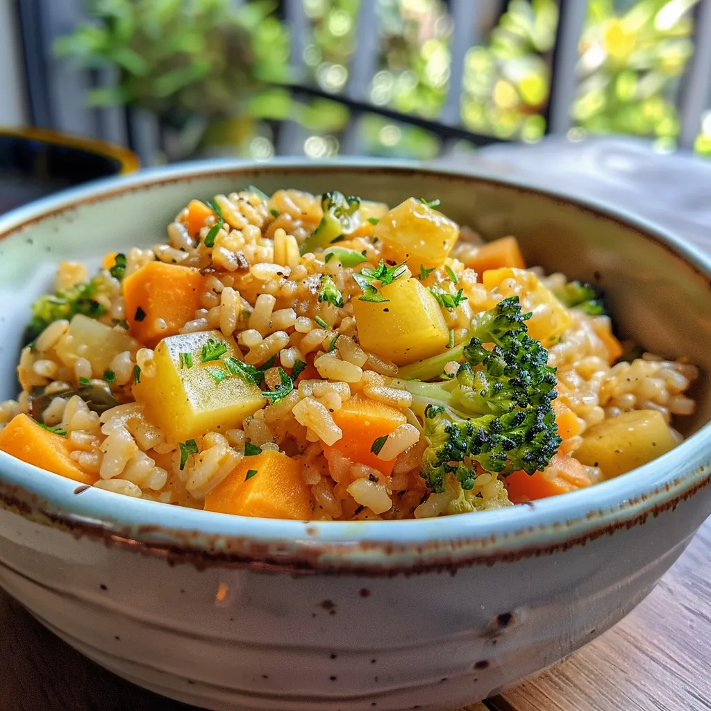 Primer plano de arroz blanco con trozos de zanahoria, calabacita y brócoli.