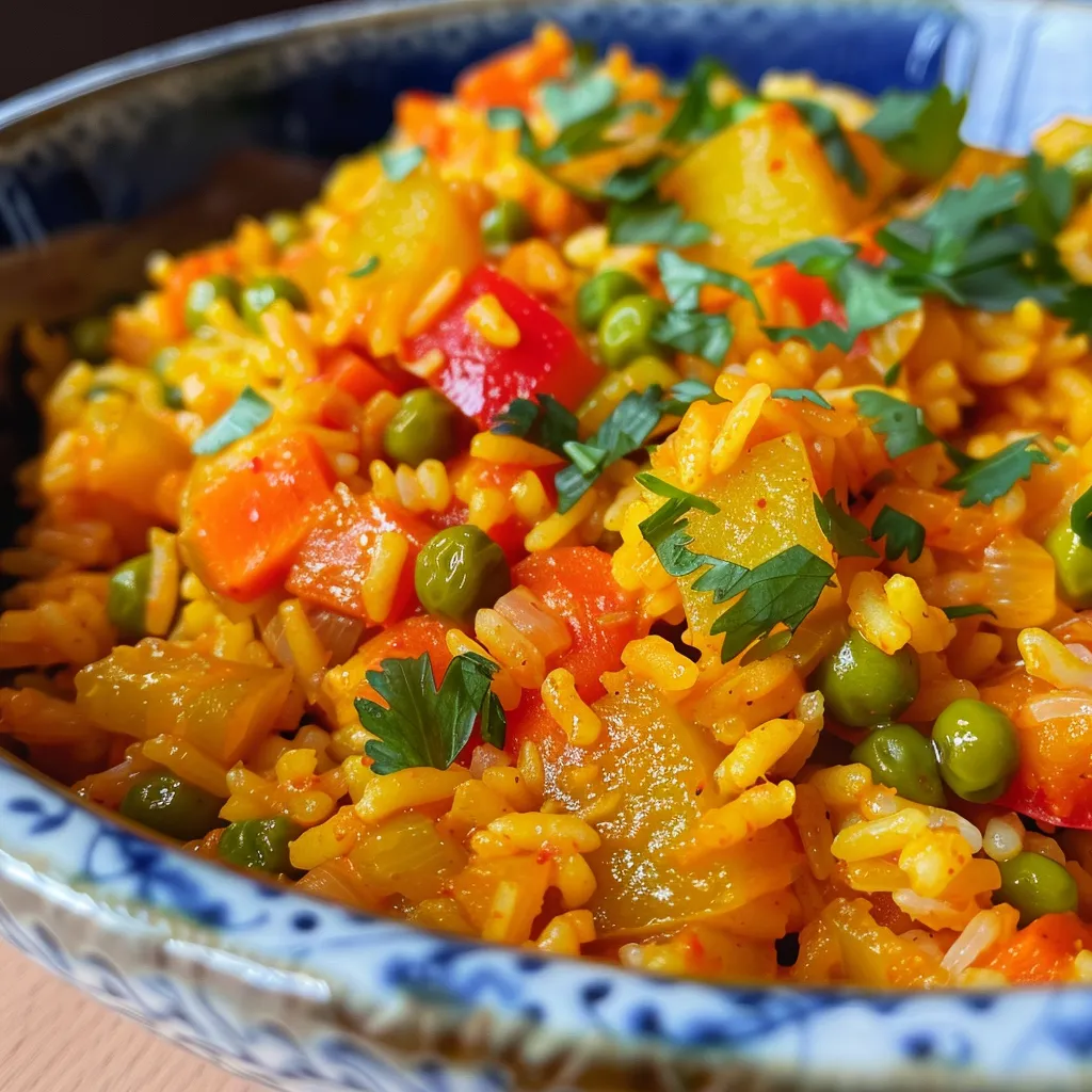 Plato de Arroz con verduras al curry, mostrando una mezcla de arroz y vegetales.