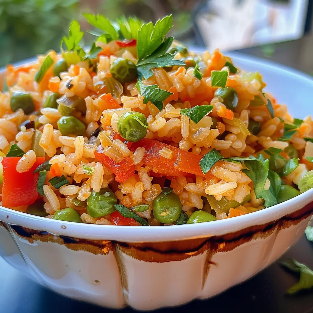 Primer plano de Arroz con Verduras de la Huerta servido en un plato.
