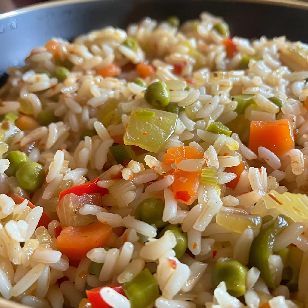 Vista lateral de un delicioso Arroz con Verduras, mostrando su color y textura.